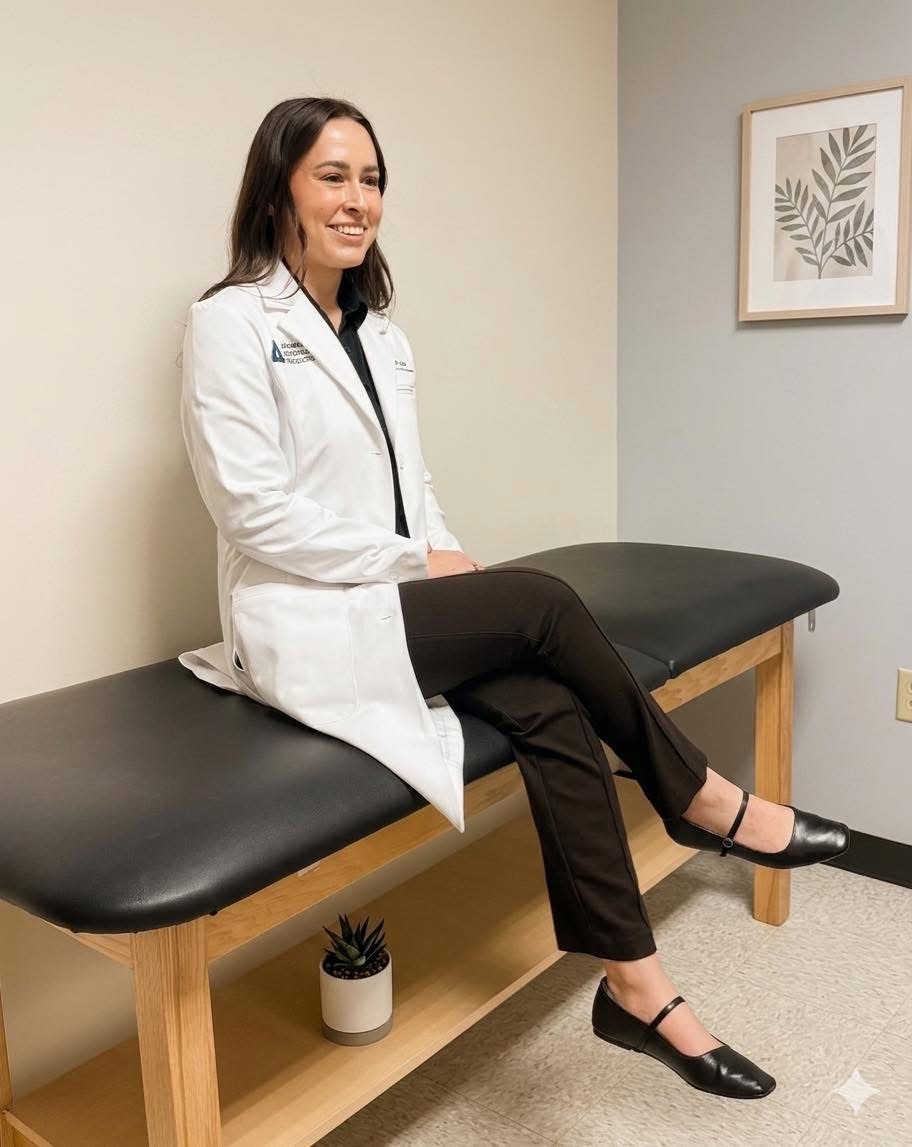 Amy Jones, MD seated in an exam room