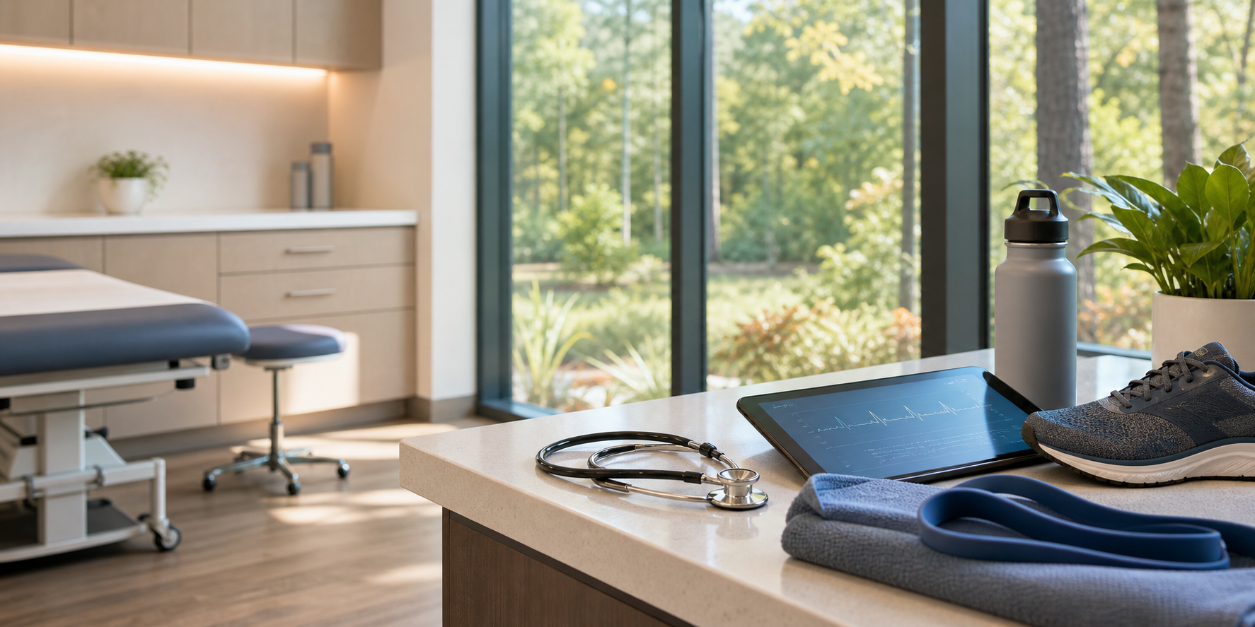 Sports medicine and primary care tools arranged in a bright modern clinic.